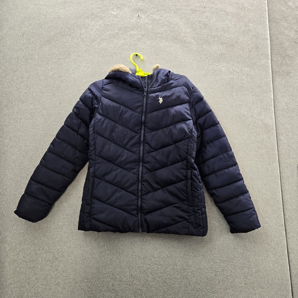 U.S. Polo Assn. Women Jacket M Navy Blue Embroidered‎ Puffer Zipper Hooded